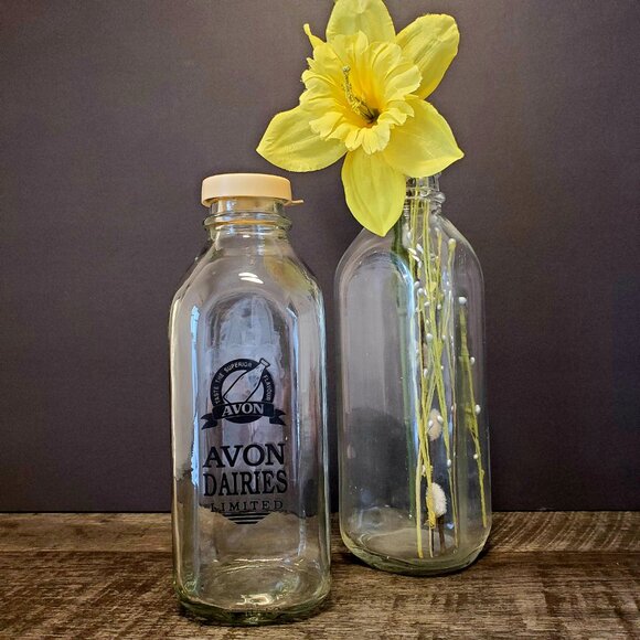 Vintage Milk Bottles. Avon Dairies 9" Clear 10",  3" Base. One Lid. - Picture 2 of 5